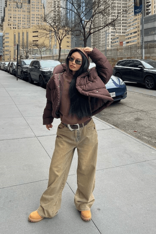 Puffed Brown Jacket Sand Colored Jeans