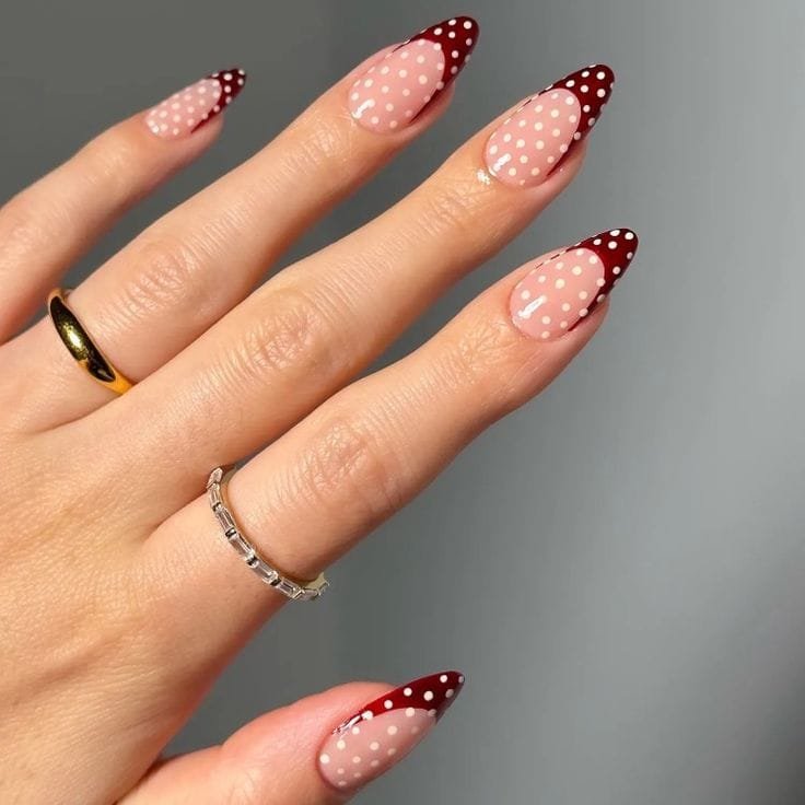 Red French Tips With White Polka Dots