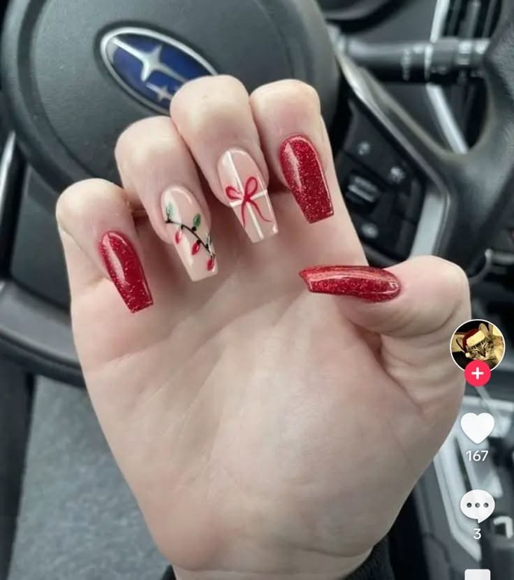 Red Glitter Nails With Holiday Art