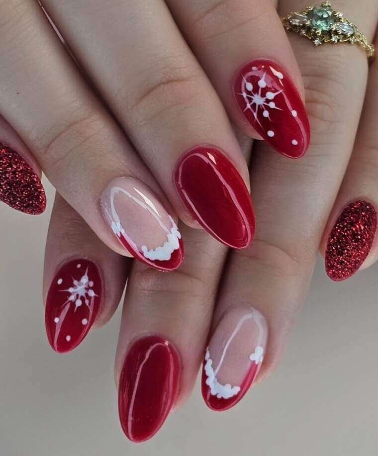 Red Glitter and Snowflake Christmas Nails