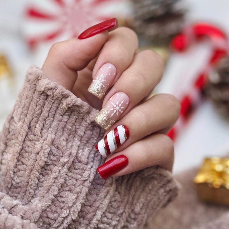 Red Polish Gold Glitter Snowflakes Stripes