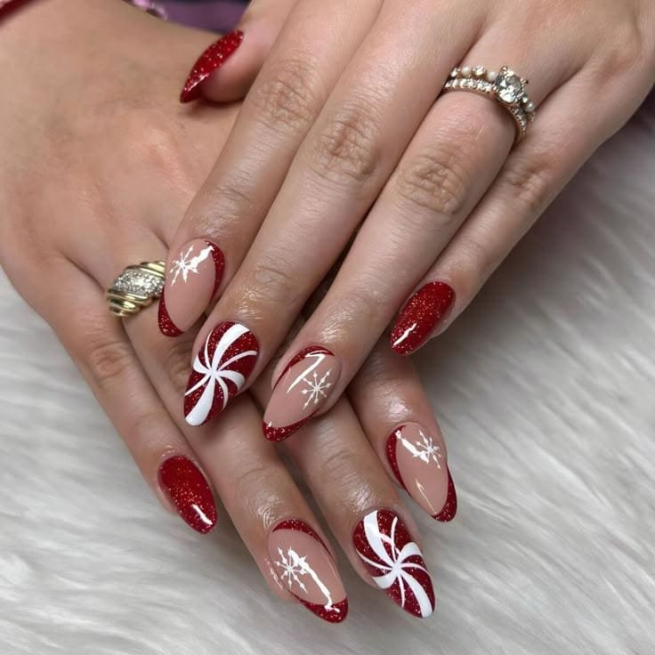 Red and Nude Nails With White Starburst Designs