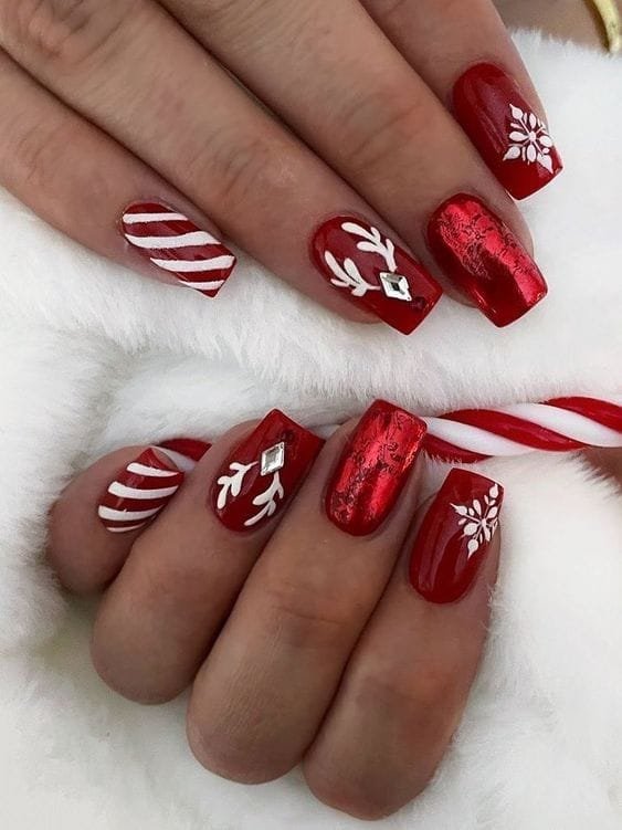 Red and White Holiday Nails With Rhinestones