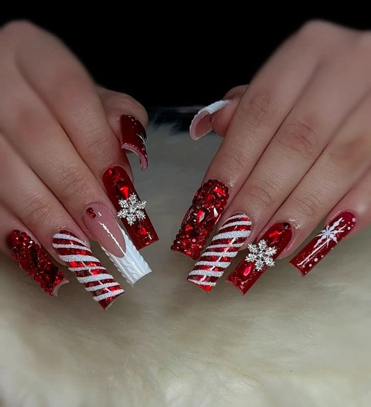 Red and White Nails With Snowflakes and Rhinestones