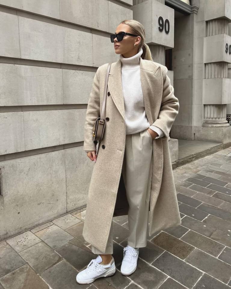 Refined Oatmeal Overcoat and Cozy Ivory Knit