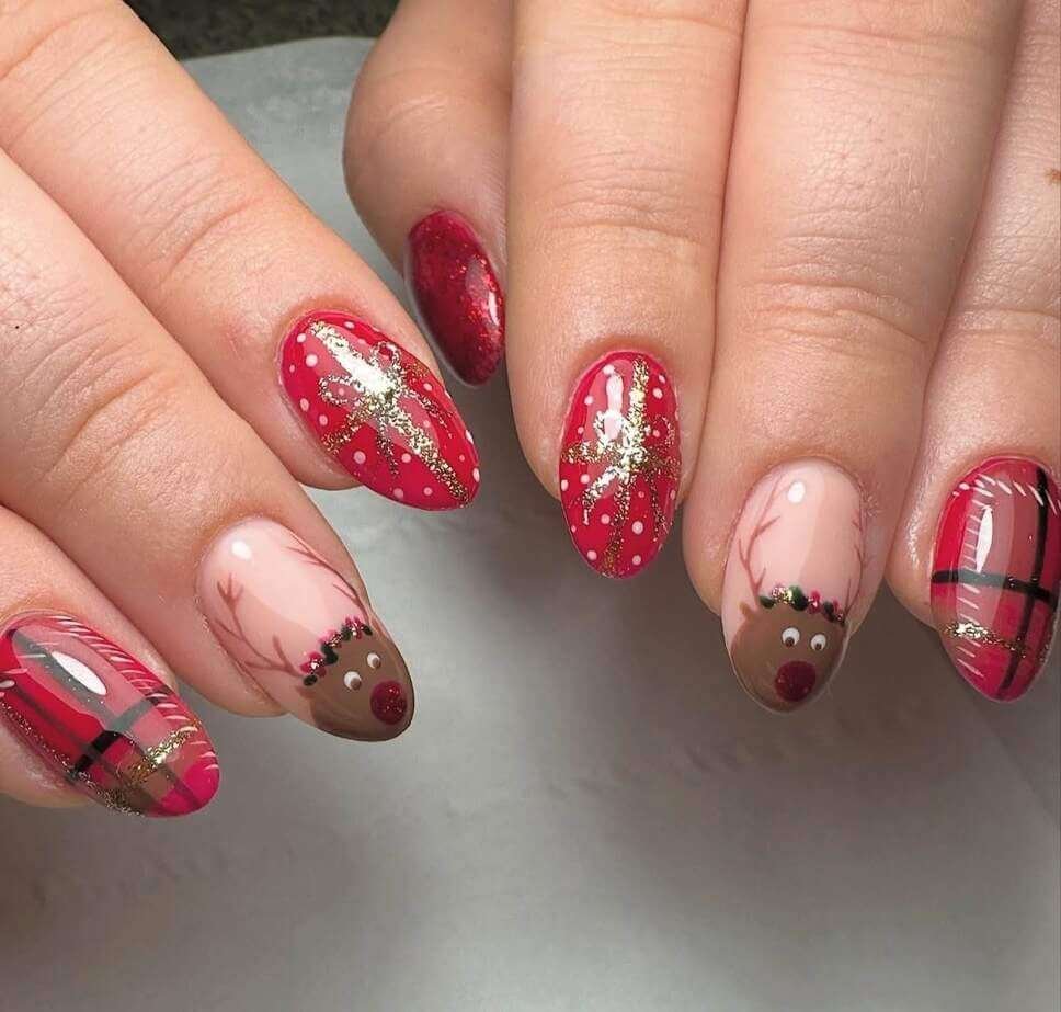 Rudolph and Plaid Christmas Mix Nails