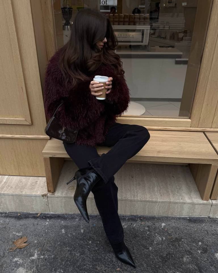 Shaggy Faux Fur Jacket Black Straight Jeans