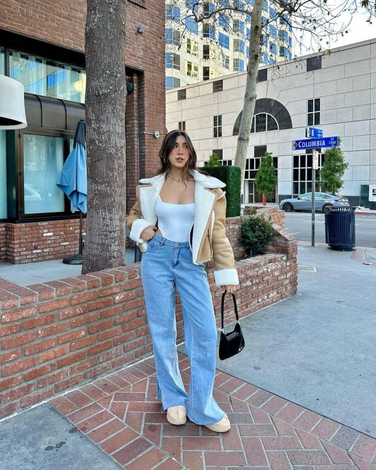 Shearling Aviator Jacket and Light Wash Jeans