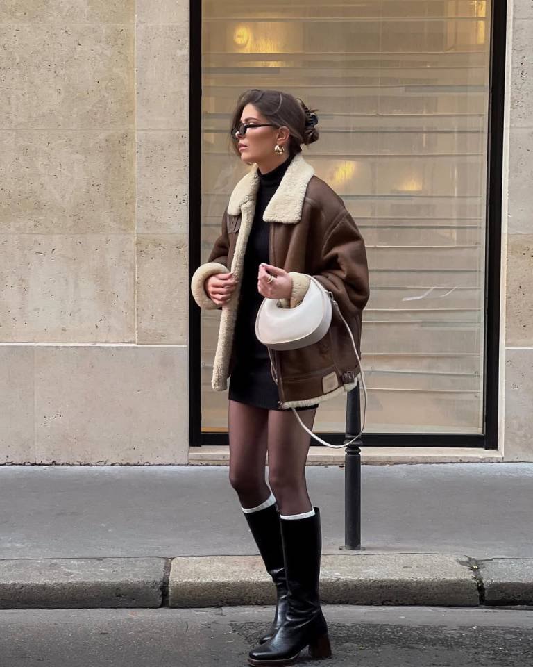 Shearling Aviator Jacket with Black Mini Dress