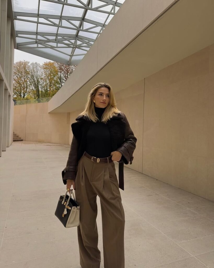 Shearling Jacket With Wide Leg Trousers