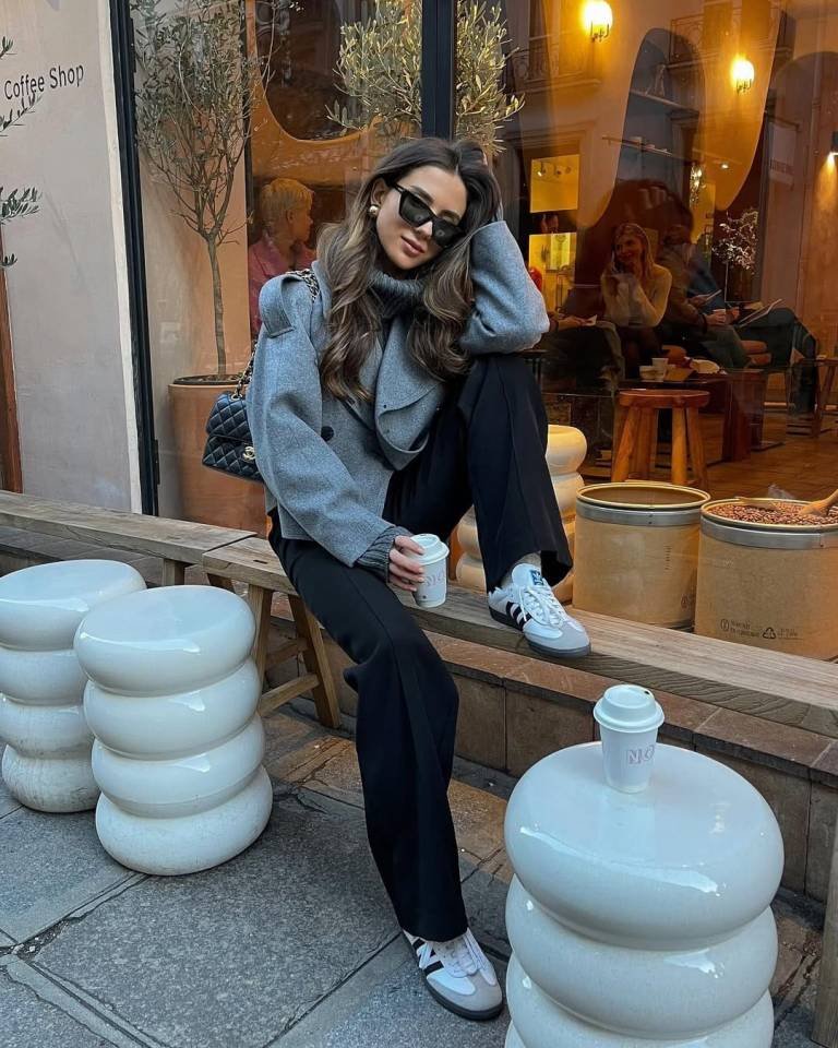 Slouchy Grey Coat With Chic Black Wide Leg Pants