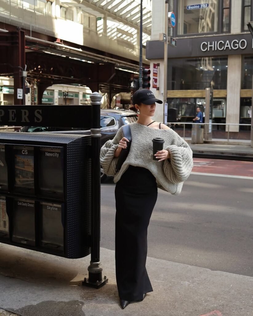 Slouchy Knit Sweater with Sleek Black Maxi Skirt