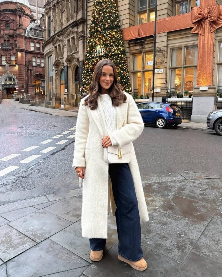 Snowy White Textured Coat and Classic Cable Knit