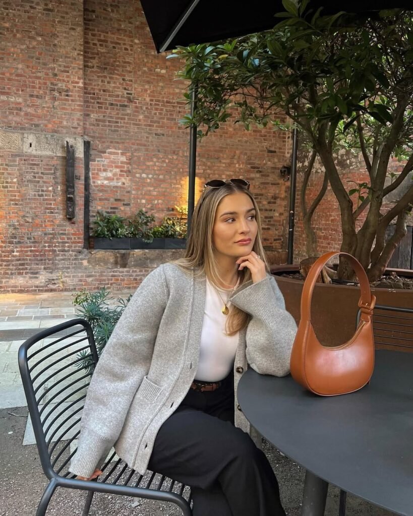 Soft Grey Cardigan with Wide Leg Black Pants