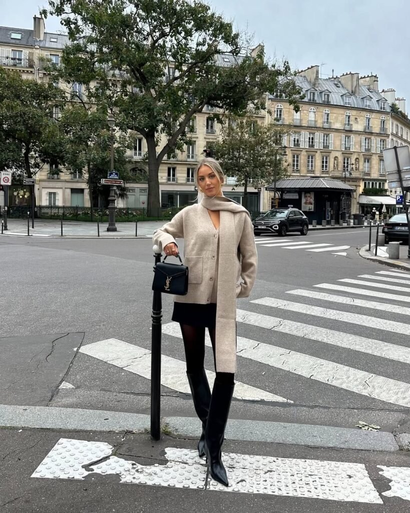 Soft Sand Cardigan with Black Mini and Boots
