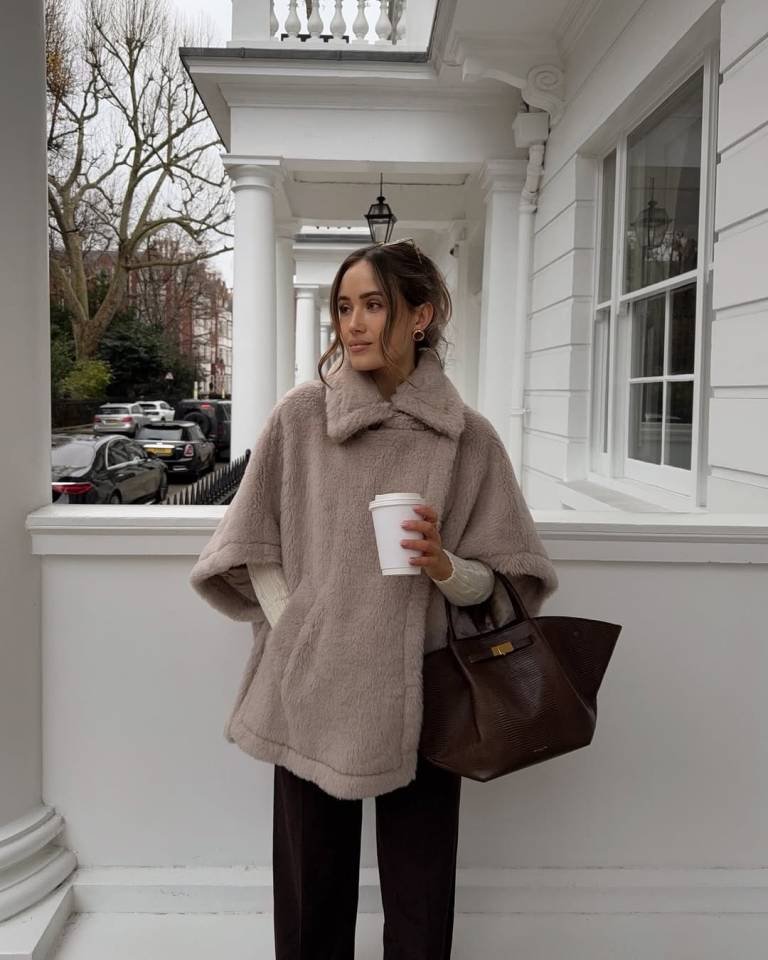 Soft Taupe Faux Fur Cape With Relaxed Brown Trousers