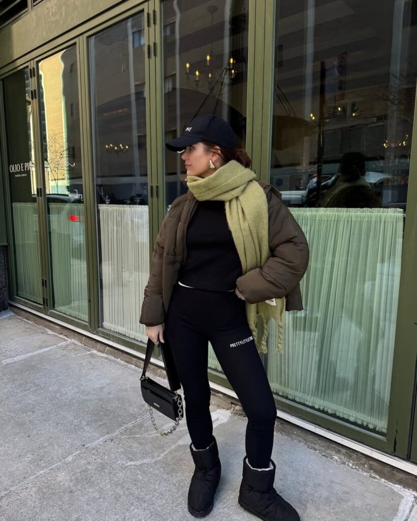 Sporty Chic Puffer with Leggings and Scarf