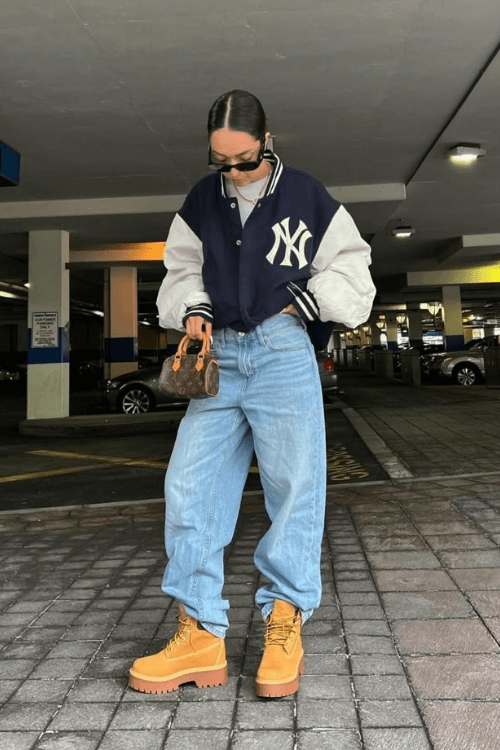 Sporty Varsity Jacket Light Wash Jeans