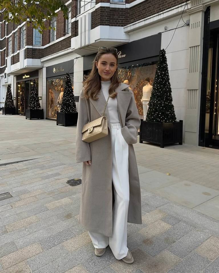 Stone Wool Wrap Coat and Crisp White Wide Leg Trousers