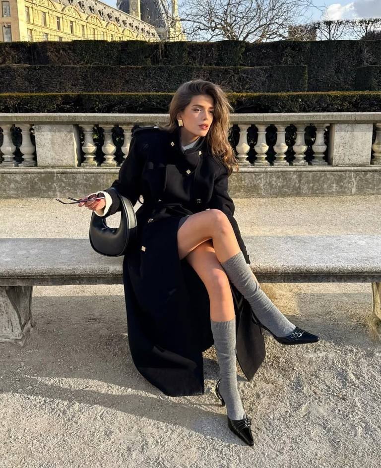 Structured Black Coat and Luxe Wool Knee Socks