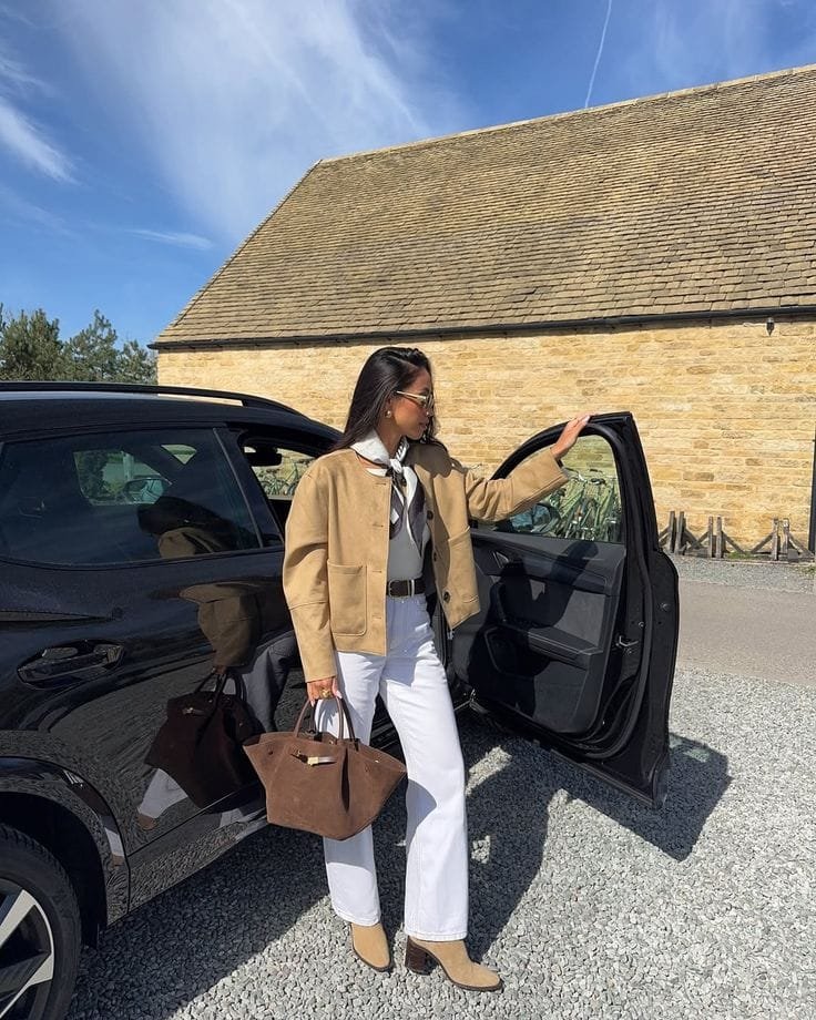 Tan Suede Jacket White Pants Tan Boots