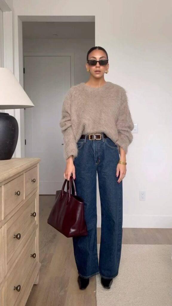 Taupe Fuzzy Sweater Dark Barrel Jeans