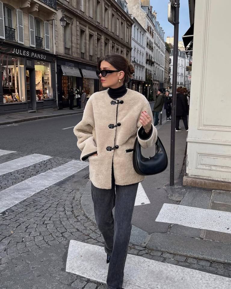 Taupe Toggle Coat with Classic Black Turtleneck