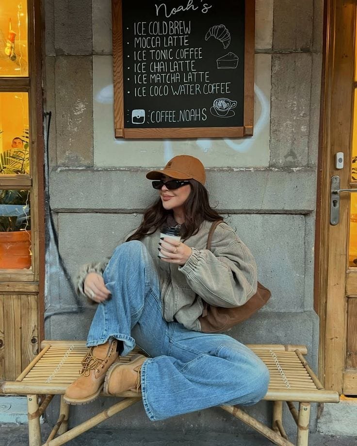 Textured Taupe Bomber with Relaxed Blue Jeans