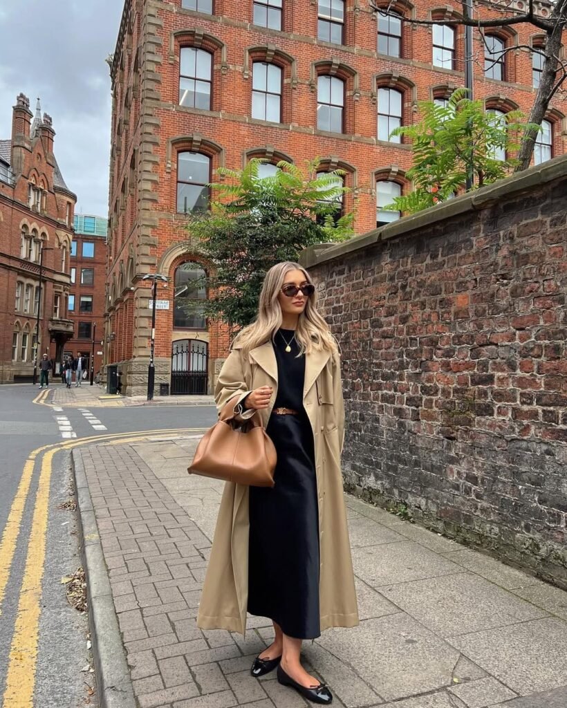 Trench Coat with Black Dress and Flats