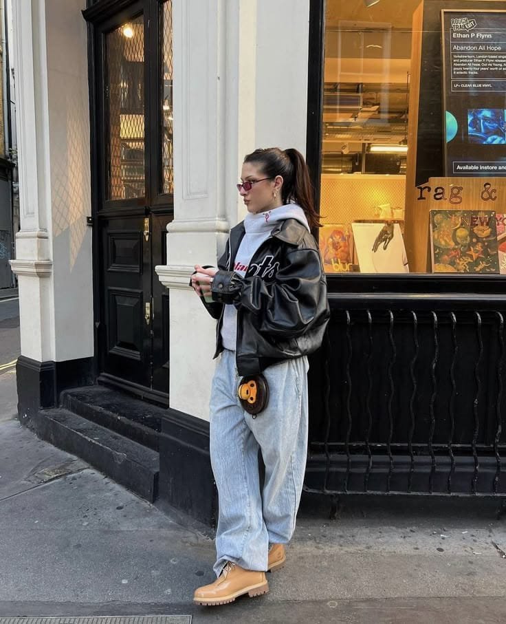 Urban Edge Leather Bomber with Slouchy Denim