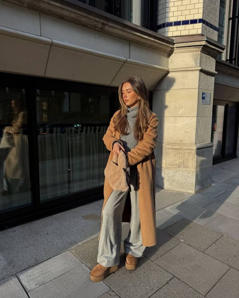 Warm Camel Coat and Relaxed Neutral Knit Set