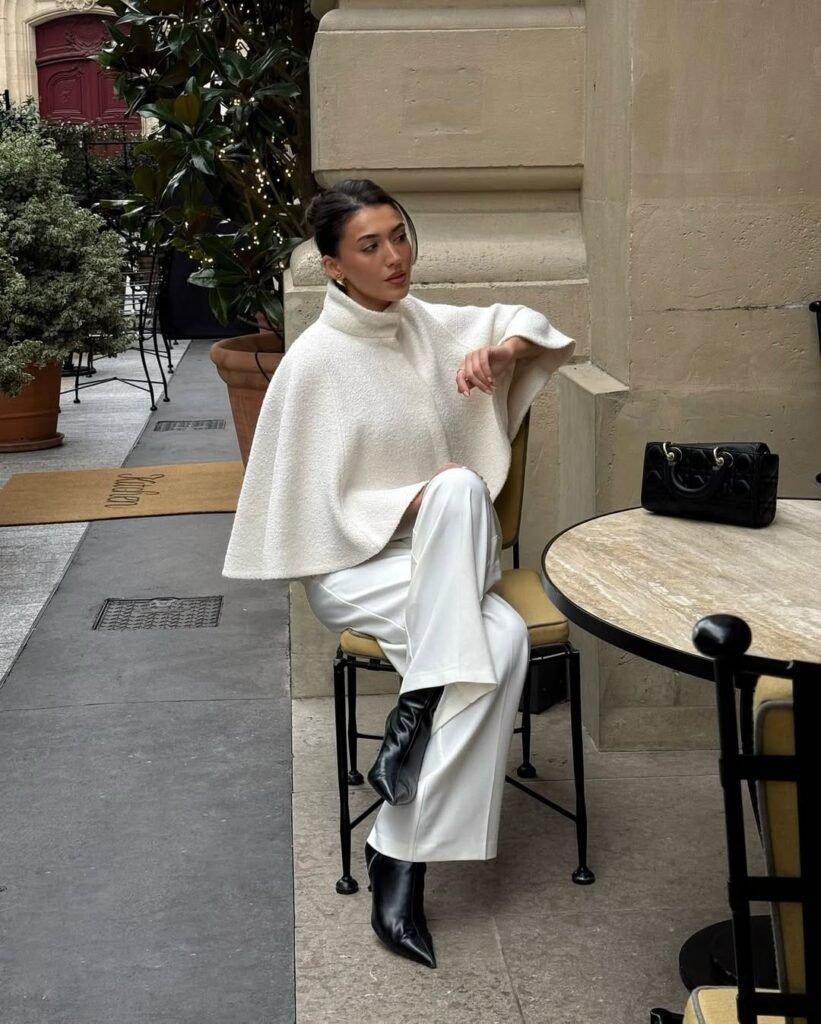 White Cape Wide Leg Pants Black Pointed Boots