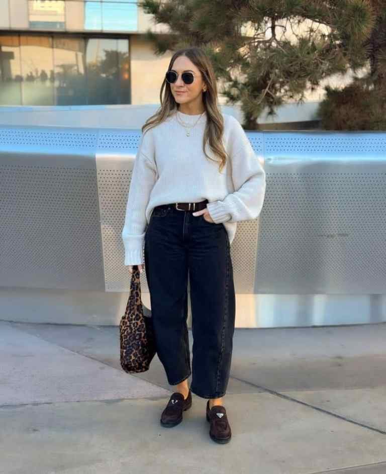 White Knit Black Barrel Jeans