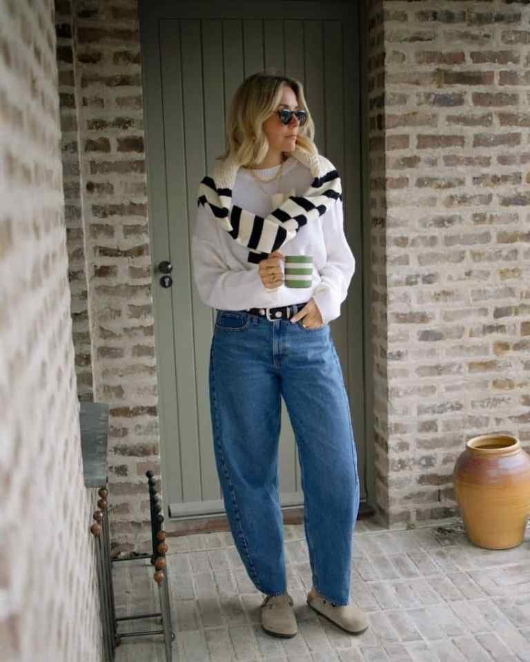 White Knit Blue Barrel Jeans
