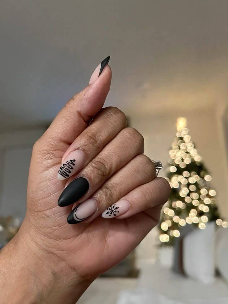 black and nude christmas nails