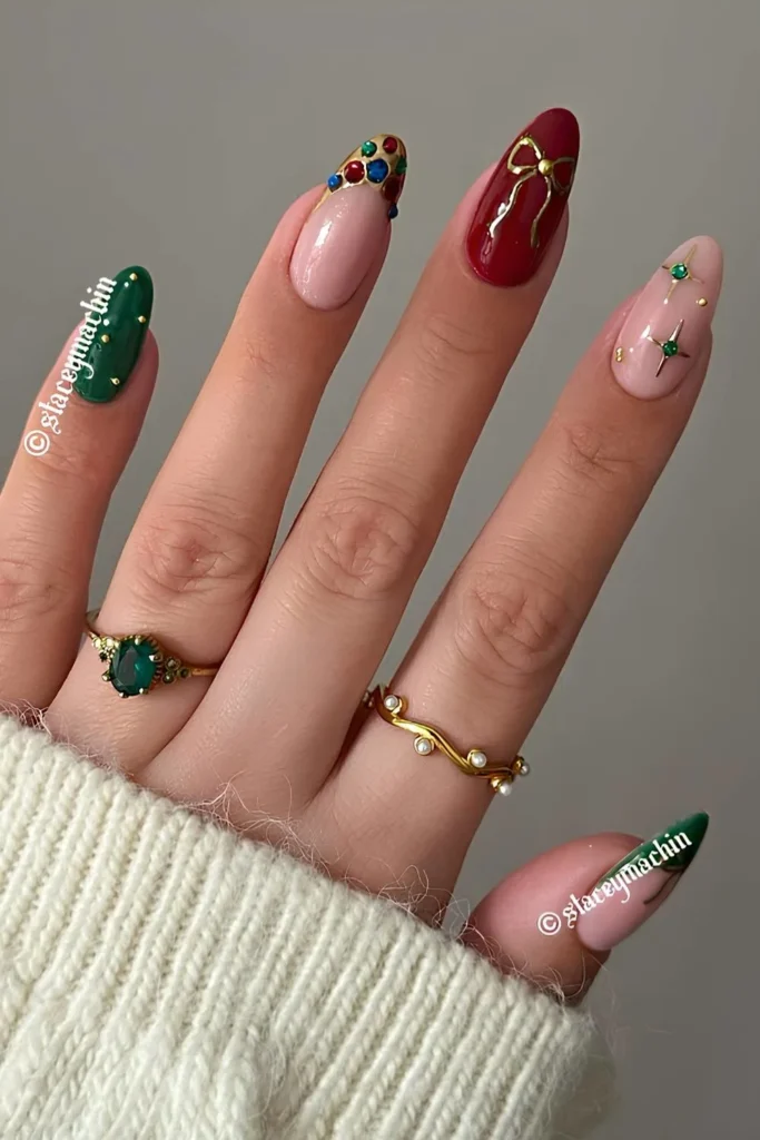 Green and red holiday mani with festive art.jpg