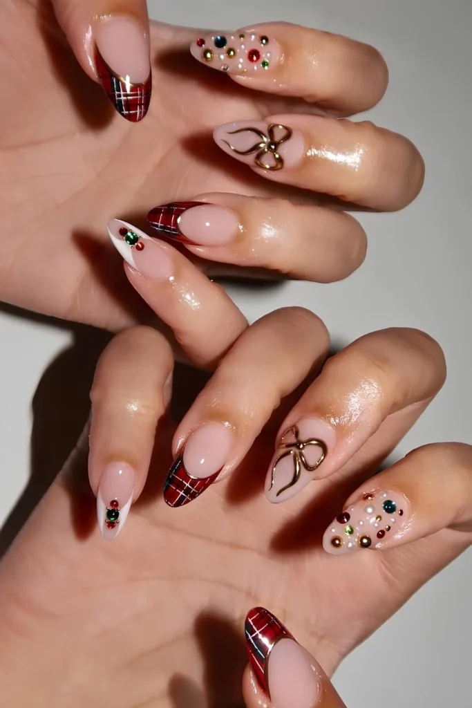 Mismatched Christmas French nails with plaid and bows.jpg