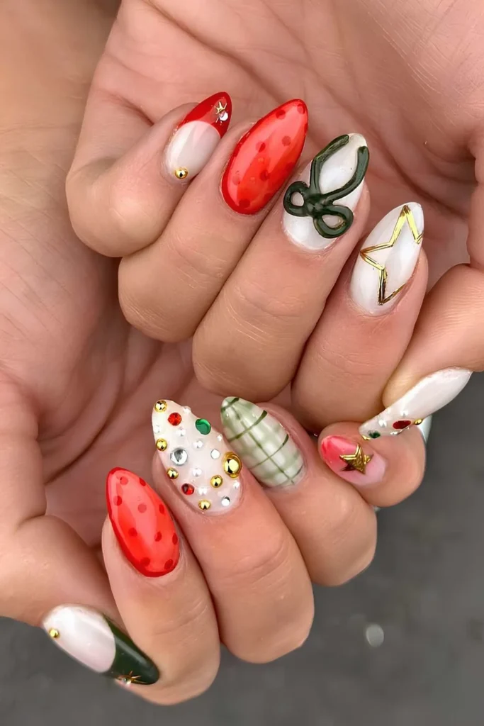 Mismatched colorful nails with Christmas details.jpg