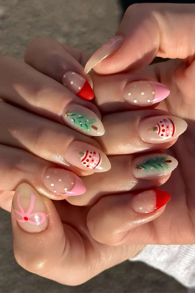 Pink and red French mani with Christmas motifs.jpg