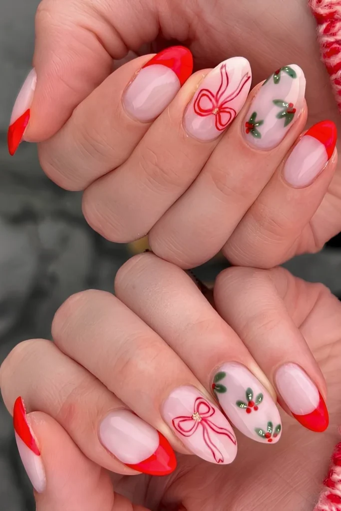 Red French nails with holly and bow art.jpg