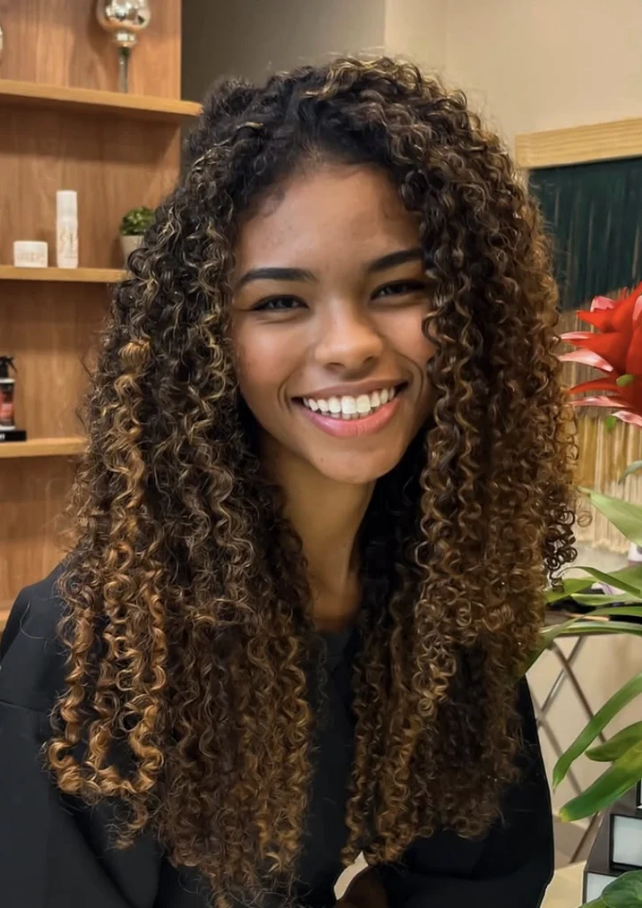 Caramel Highlights Blended into Dark Brown Curls