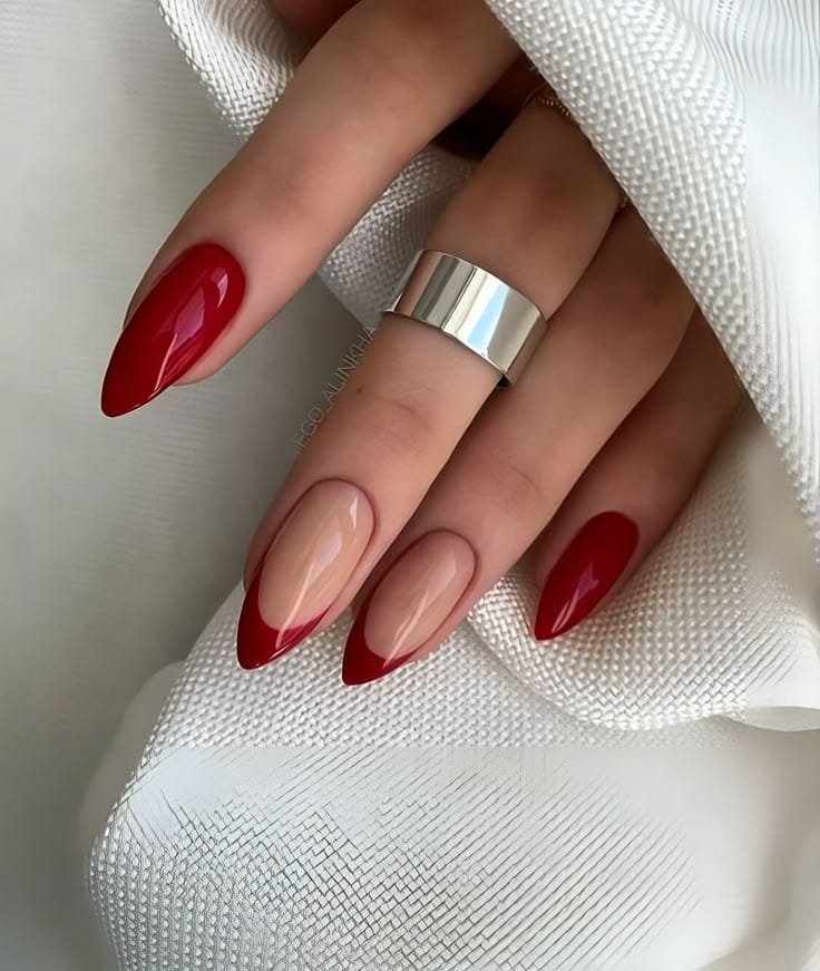Cherry French Almond Edge Nails