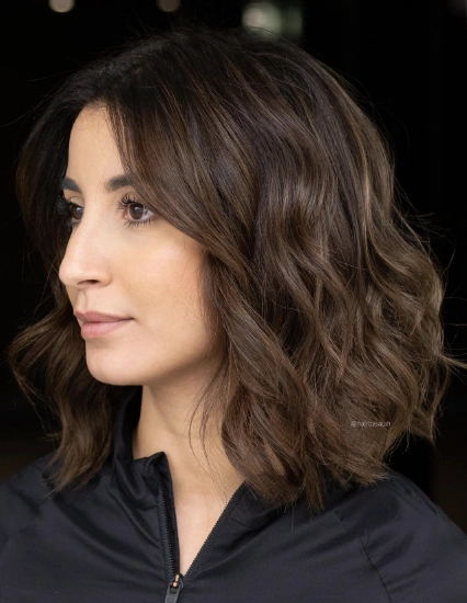 Chocolate Brown Wavy Bob with Highlights