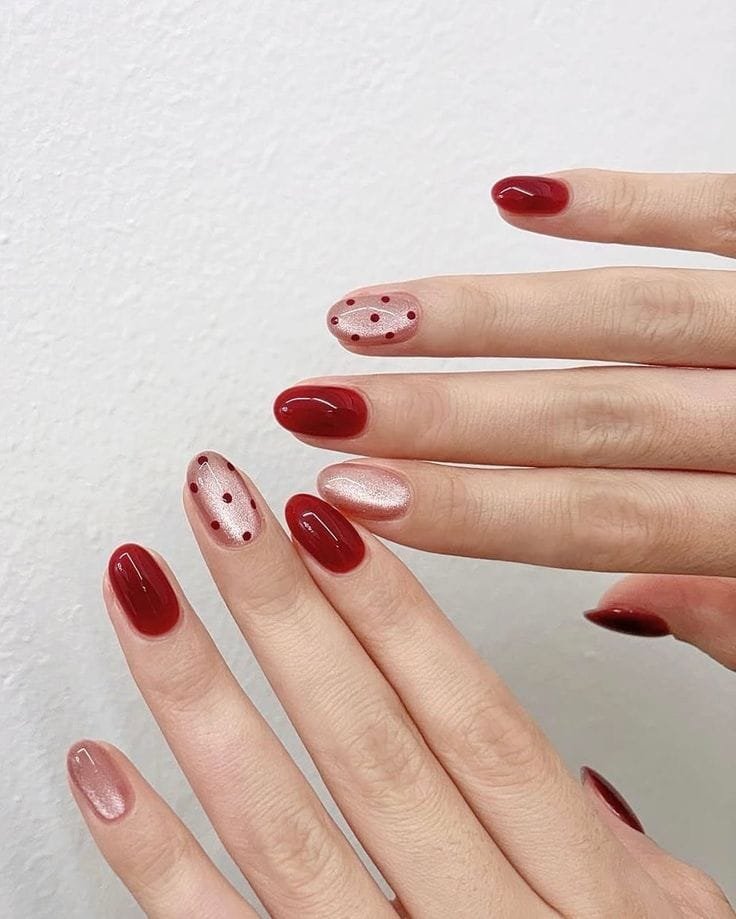 Deep Red Pearl Dot Duo Nails