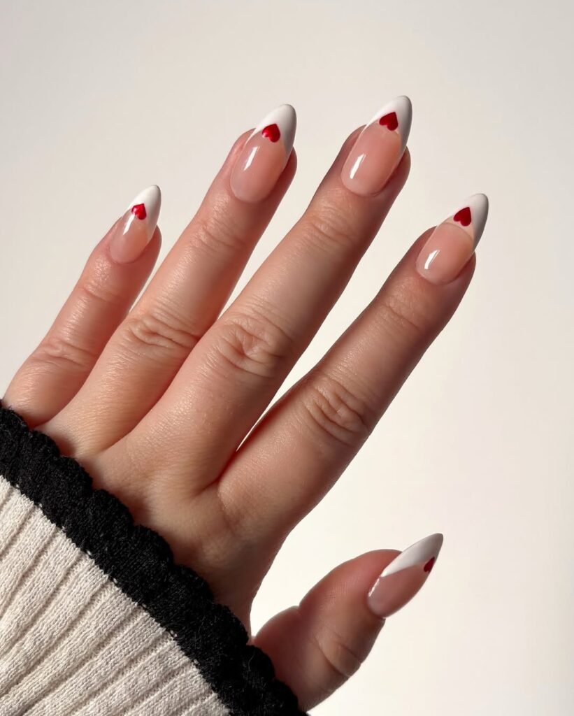 Glossy white tips with tiny red hearts 2