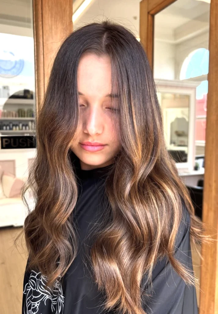 Golden Caramel Highlights in Dark Brown Hair