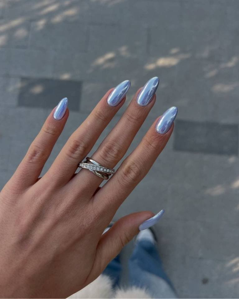 Metallic Lavender Coffin Glow Nails