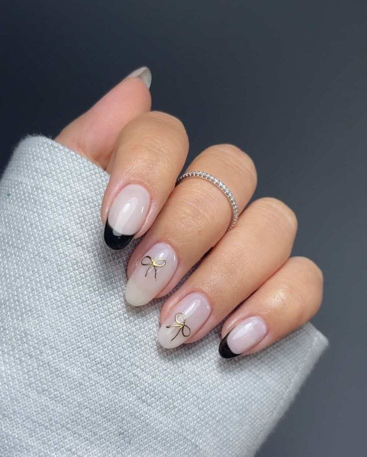 Nude Bow Black French Nails