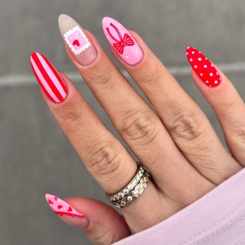 Pale pink with classic red hearts