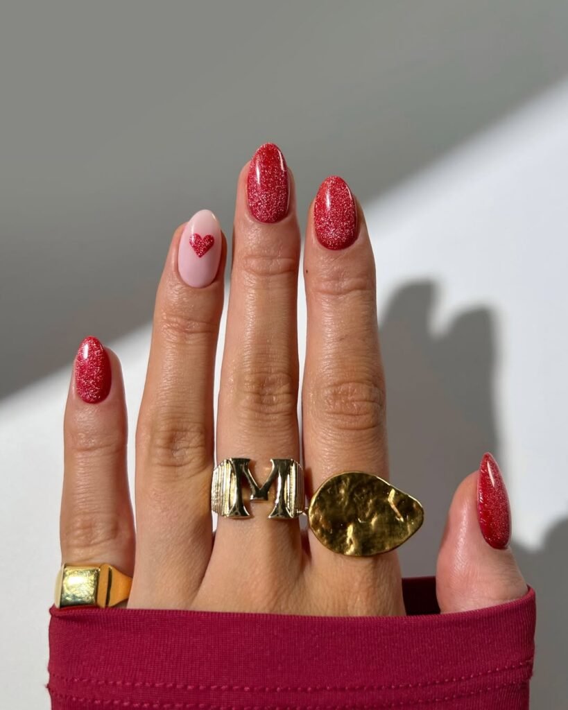 Red glitter with a heart moment